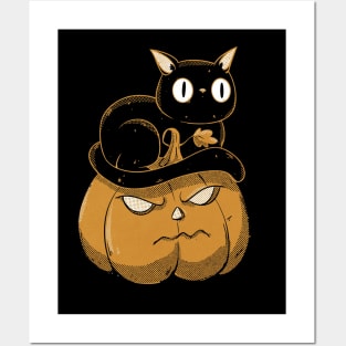 Black cat on halloween pumpkin Posters and Art